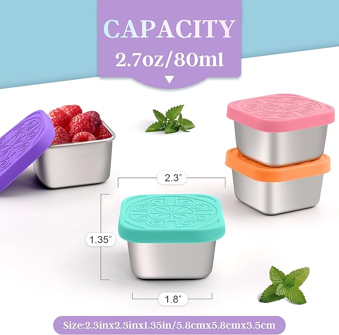 6x2.7 Oz Salad Dressing Container to Go,Handy Leakproof Stainless Steel Meal Prep Containers Reusable,Sauce Containers for Lunch Box, Picnics, Travel, Office and Kitchen Storage-Square