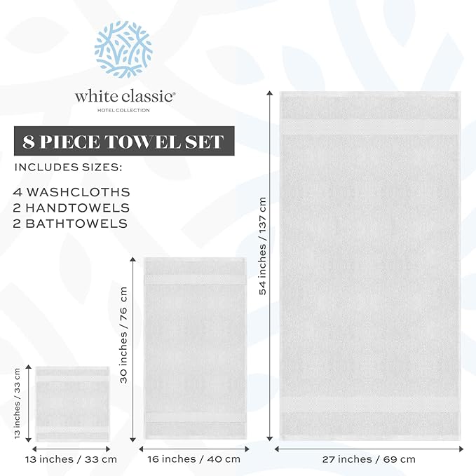 White Classic Luxury Bath Towel Set of 8 Pieces - 100% Turkish Cotton Highly Absorbent Towels for Bathroom, 2 Luxury Bath Towels 700GSM, 2 Hand Towels, 4 Washcloths, Silver