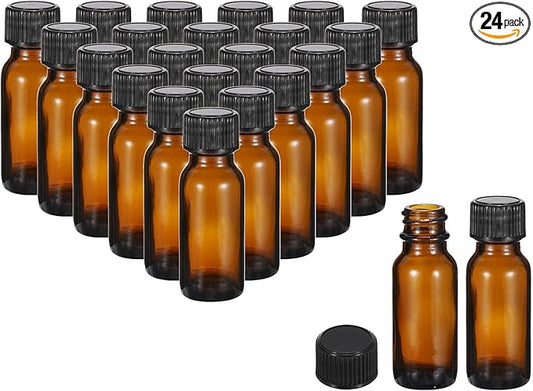 PATIKIL 0.5oz(15ml) Glass Sample Bottles, 24Pcs Round Bottle Dispensing Bottles with Black Poly Cone Cap for Reagent Liquids, Essential Oils, Perfume, Amber