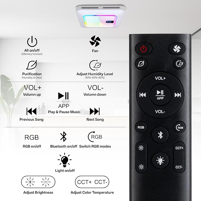 Smart Bathroom Exhaust Fan with Bluetooth Speaker, 230 CFM 1.0 Sone Exhaust Fan with Humidity & Odor Sensor, Remote/App/Voice Control, Adjustable LED Lighting & Dynamic RGB Mood Light (White)