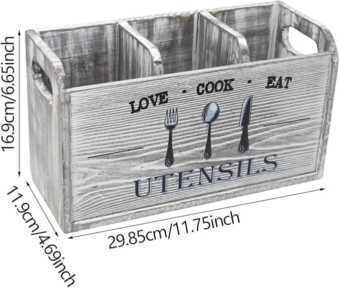 Fenteer Kitchen Utensil Holder Storage Crock Vintage Accessories Wooden Utensil Organizer Cutlery Box for Counter Hotels Restaurants, Gray