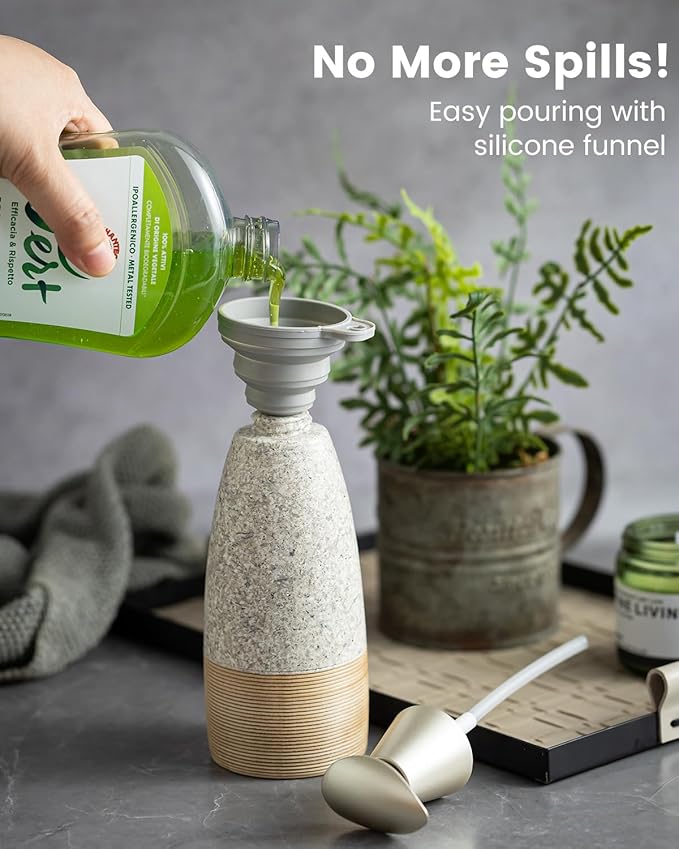 Ceramic Soap Dispenser with 2 Pumps, 12 oz Refillable Liquid Hand Soap Dispenser for Shampoo, Bathroom & Kitchen, Includes Silicone Funnel, Plastic and Stainless Steel Pump, Granite Grey