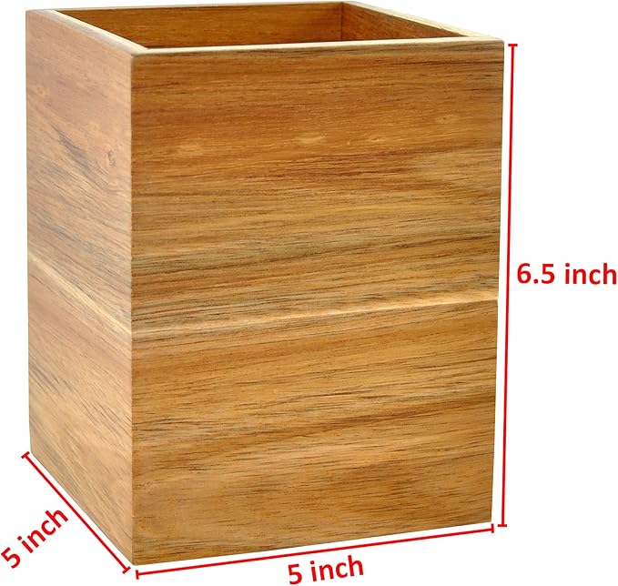 Spiretro Acacia Wood Kitchen Utensil Holder & Organizer – Countertop Cutlery Storage for Cooking Utensils, Spoons, Spatulas, Forks, Whisks & Knives – Lead-Free Lacquer, 5" W x 5" D x 6.5" H