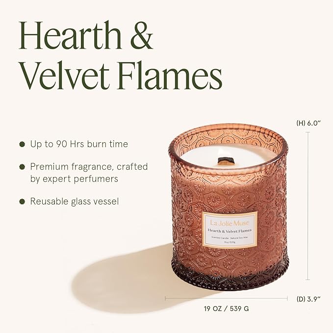 LA JOLIE MUSE Christmas Candles | Hearth & Velvet Flames | Saffron, Clove & Vanilla | 19 oz Large Wooden Wick Soy Candle | 90-Hour Clean Burn | Holiday Candle Gift | Gift-Ready for Hosts & Festive Gat