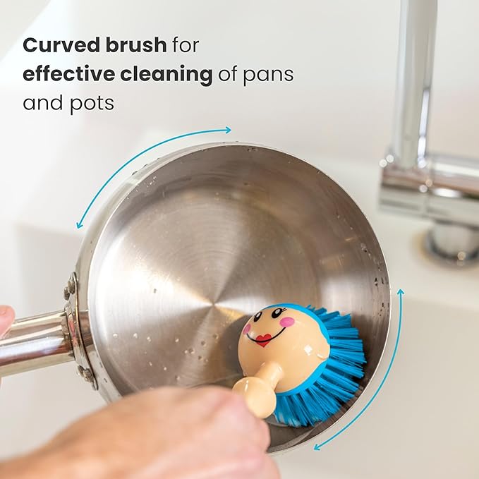 Vigar Dolls Dish Brush with Ergonomic Handle and Dress-Shaped Brush Holder, Dish Brush with Handle for Kitchen Dishes and Sink Cleaning, Gray, Blue