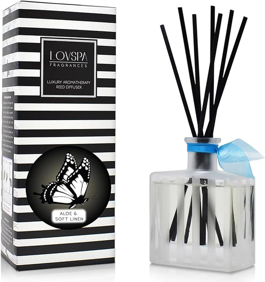 LOVSPA Reed Diffuser Set, Aloe & Soft Linen Scented Oil Diffuser with Sticks, Home Fragrance Accessories for Bathroom Shelf Decor, Aroma Diffusers for Home or Office Desk, USA Made
