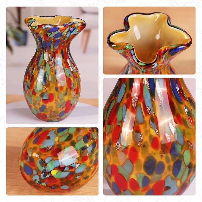 KAMMAK Colored Glass Vase, Beautiful Hand Blown Decorative Vase, Modern Art Vase for Flower Mantle Dining Table Centerpiece, Entryway Living Room Wedding Decoration, FH009