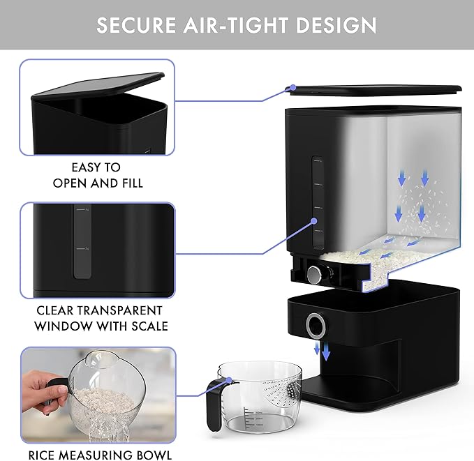 25lb Rice Dispenser - Air Tight Grain & Rice Container With Easy To Use Dispensing, Measuring Cup, & Sponge - NEW Black Design Grain Storage Container