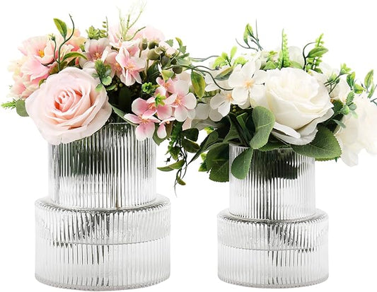 Ribbed Glass Vases for Bouquet, Set of 2 Fluted Vases for Flowers, Clear Vase for Tulips, Modern Glass Vase for Living Room, Office, Coffe Table, Dining Table, Shelf, Wedding
