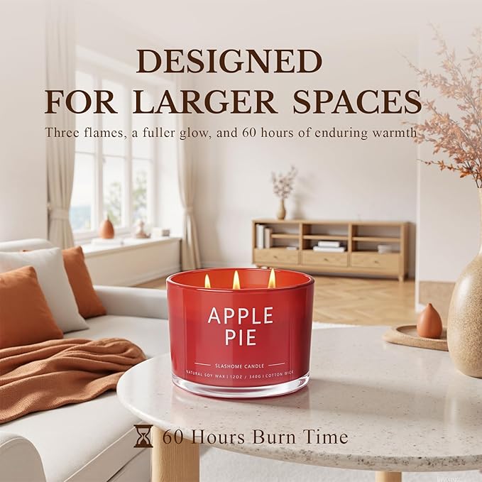Apple Pie Fall Candle, Large 12oz 3 Wick Luxury Candle, Elegant Autumn Gift for Women & Men, 60+ Hour Burn Time & Non-Toxic, Cozy Fall & Halloween Home Decor