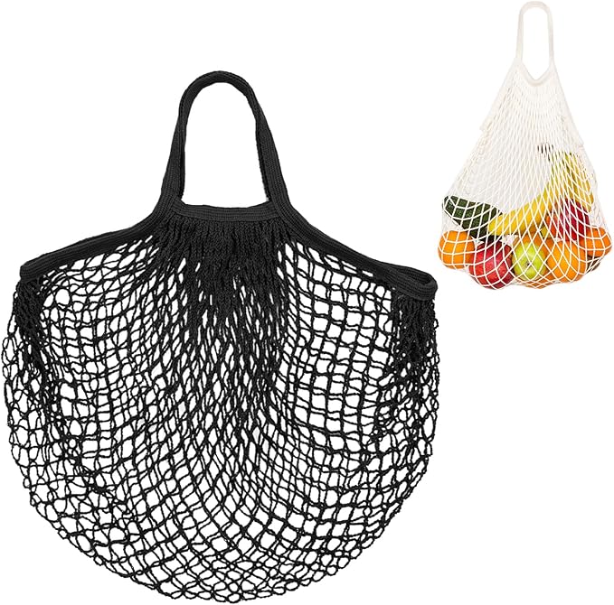 1-Pack Cotton Mesh Bag, Reusable Washable Mesh Net String Grocery Bags, Reusable Produce Bags with Handle, Net Tote Bag for Fruits/Vegetables Shopping [Black, Short Handle]