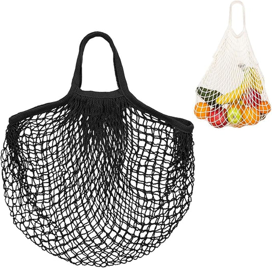1-Pack Cotton Mesh Bag, Reusable Washable Mesh Net String Grocery Bags, Reusable Produce Bags with Handle, Net Tote Bag for Fruits/Vegetables Shopping [Black, Short Handle]