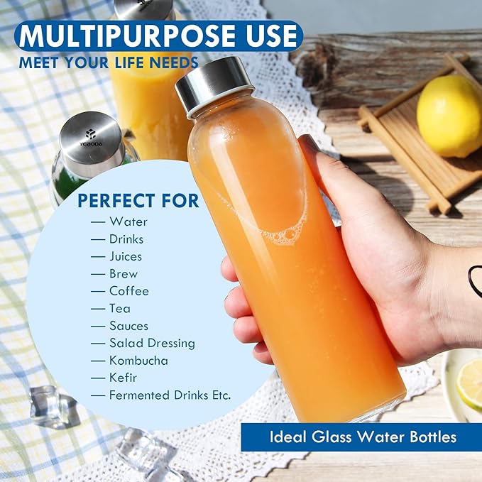 YEBODA Glass Water Bottles 18oz Bottles For Beverage and Juicer Use Stainless Steel Caps - Including Colorful Nylon Protection Sleeve,Pack Of 6