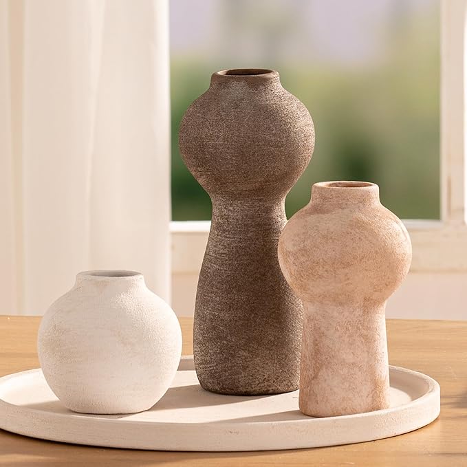 Ceramic Vase Home Table Decor - Flower Vase Set of 3 Living Room Kitchen Decorations Farmhouse Modern Rustic Vases Decorative Centerpiece for Shelf Bedroom Office Bathroom Dining Coffee Desk