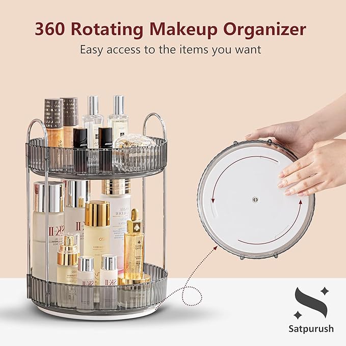 360° Rotating Makeup Organizer – 2-Tier Spinning Cosmetic Holder for Vanity, Countertop, Bathroom & Dresser – Perfume, Skincare & Cosmetic Care Organizer (Clear Grey, 2 Tier)