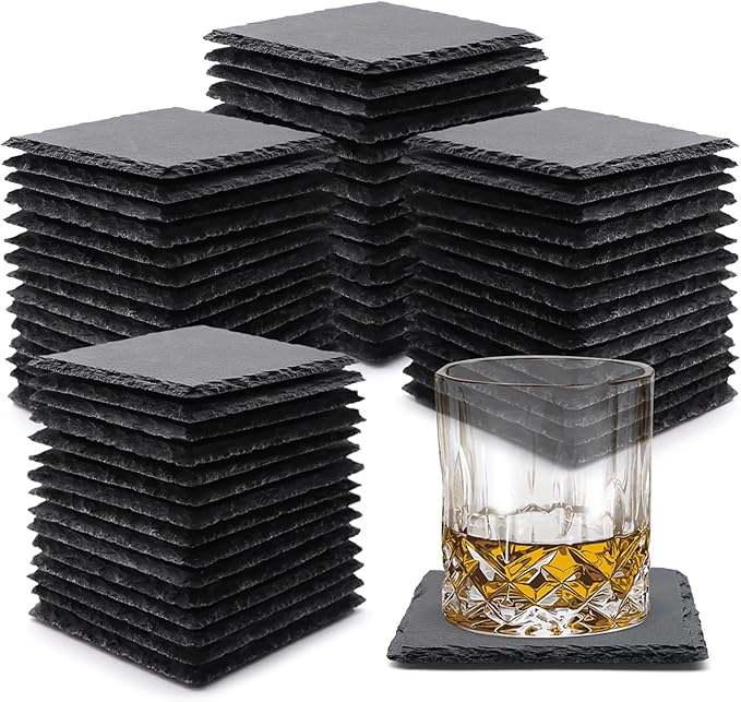 60 Pack Slate Drink Coasters, VIBRATITE 4 Inch Black Slate Stone Coasters Bulk Cup Coaster Laser Engraving Blanks with Anti-Scratch Bottom for Drink Coffee Bar Kitchen Home Decor, Square