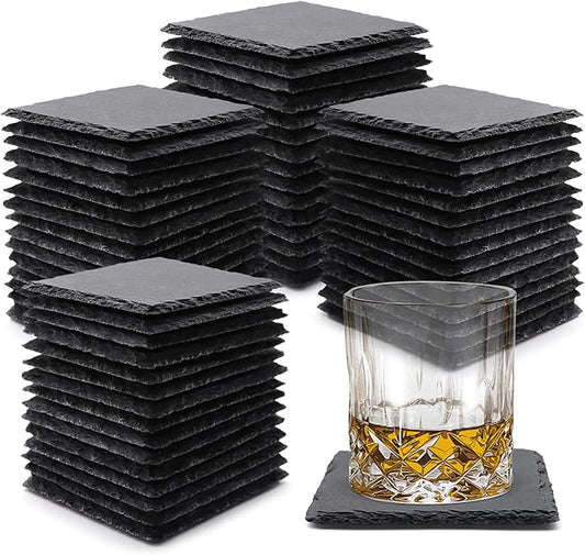 60 Pack Slate Drink Coasters, VIBRATITE 4 Inch Black Slate Stone Coasters Bulk Cup Coaster Laser Engraving Blanks with Anti-Scratch Bottom for Drink Coffee Bar Kitchen Home Decor, Square