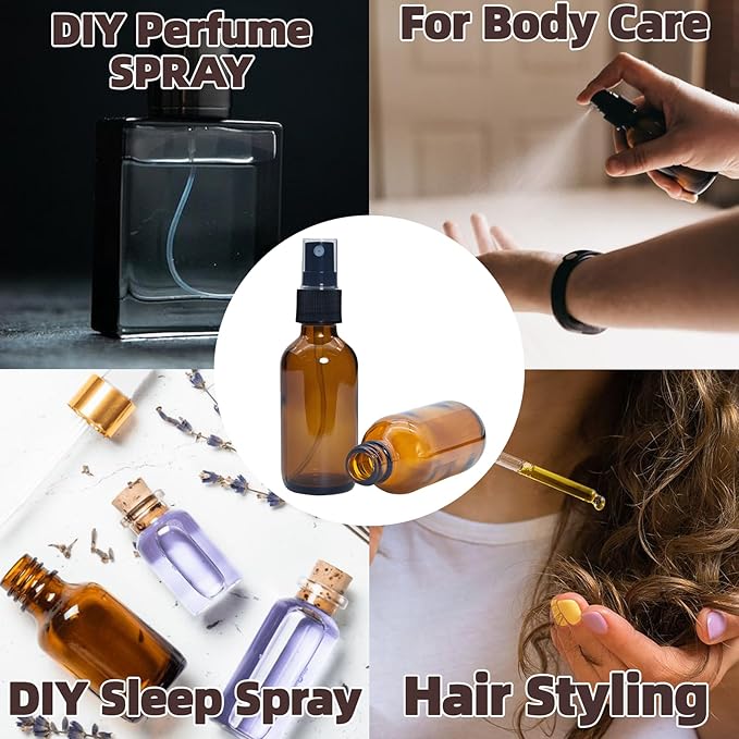 4 PACK 2 oz Amber Small Glass Spray Bottles, Empty Spray Bottle for Hair, Plants, Perfume - Fine Mist, 2oz Mini Spray Bottle