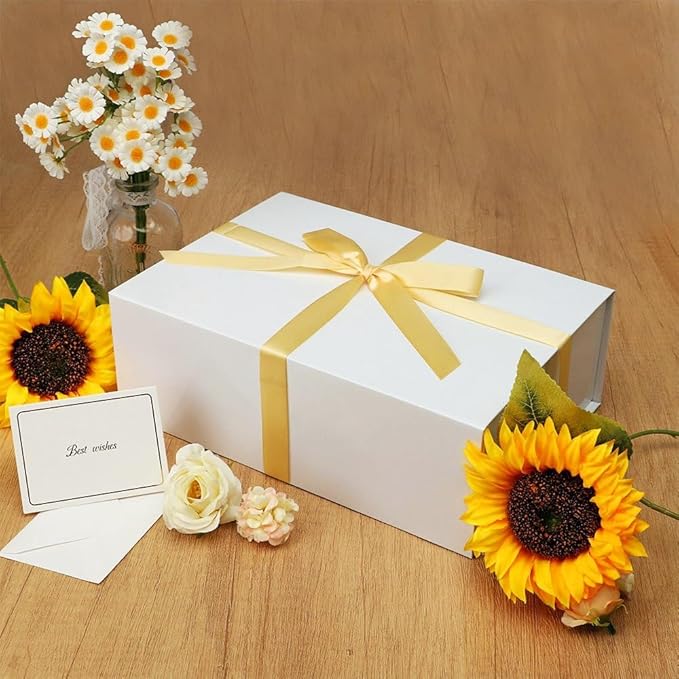 UoeRing 1 Pcs White Gift Box,11.5x8x4 Magnetic Gift Box for Presents with Lids Rectangle Collapsible for Bridesmaid Proposal Box,Wedding,Christmas,Birthday Gift Packging with Ribbon Card Envelope
