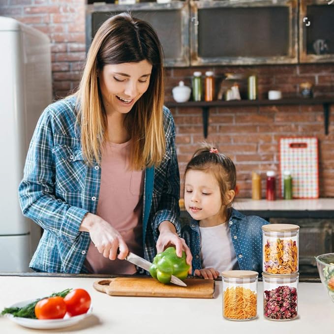 Glass Jars 9OZ, 12 Set with Bamboo Airtight Lids and Labels, Food Cereal Storage Large Spice Containers for Home Kitchen Tea Coffee Flour Herbs Grains