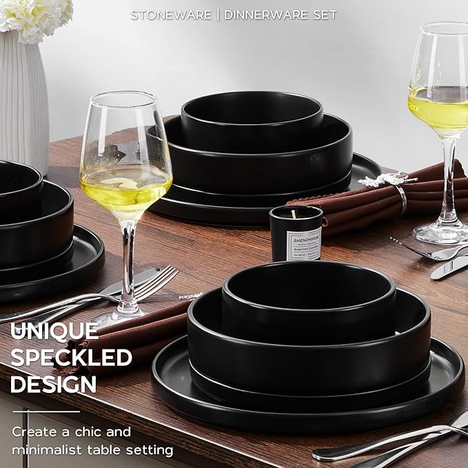 Onader Stoneware Dinnerware Set for 2 with Pasta Bowl, 8 Piece Plates and Bowls Dish Dinner Set, Microwave & Dishwasher Safe - Ebony Black