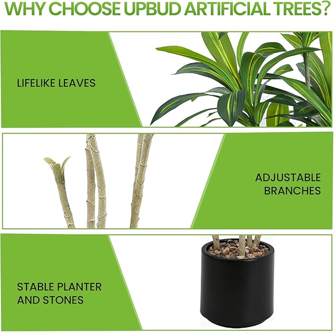 5FT Artificial Dracaena Tree, Faux Dracaena Plant with Stones in Black Round Planter, Tall Fake Floor Plant for Indoor Home Office Living Room Decor