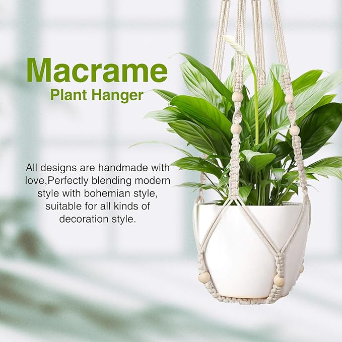 Macrame Plant Hanger Indoor Set of 2 with 4 Hooks, Indoor Outdoor Hanging Planter for Plants Holder with Decorative Wood Beads & No Tassels, Boho Home Decor, 35 Inch Ivory (Pots Not Included)