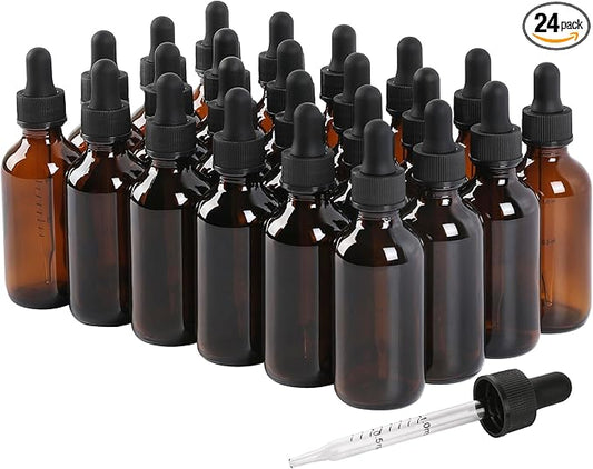 24 Pack, 2oz Glass Dropper Bottle, Preety Texture Tincture Bottles with Precise Scales Eye Droppe, for All Kinds Of Mixed Liquids,Leak-Proof Design for Easy Travel (Amber)