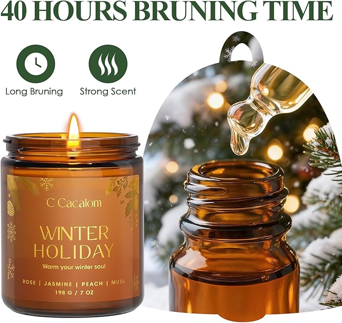 Christmas Soy Candles for Christmas Home Decor Non-Toxic Aromatherapy Scented Candles for Holiday Christmas Gifts, Cozy Cute Jar Candle, Winter Candle for Women Men, Winter Holiday Jasmine Rose Candle
