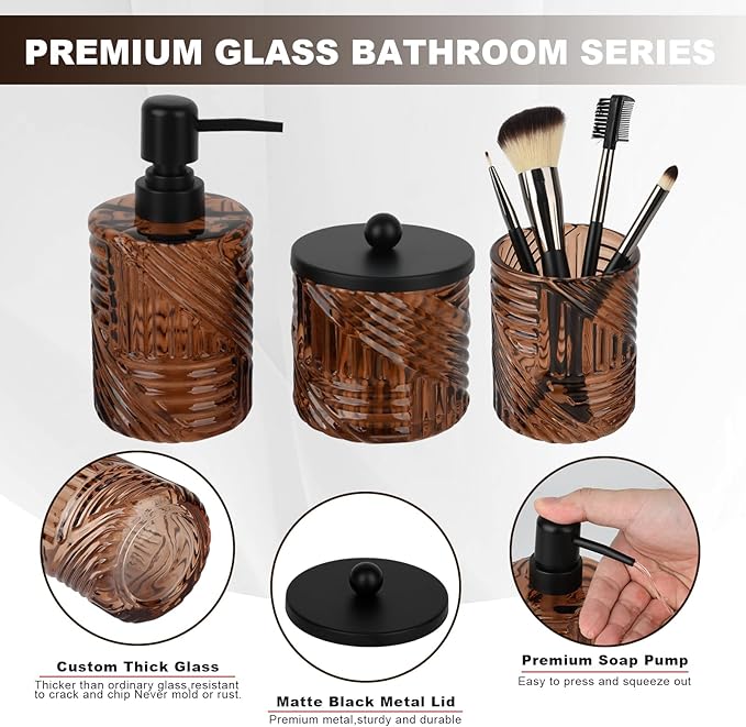 Bathroom Accessories Set,4 Pcs Amber Glass Bathroom Accessories Sets Complete with Lotion Soap Dispenser,Toothbrush Holder,Qtip Holder Dispenser and Vanity Tray,Bathroom Countertop Vanity Organizer