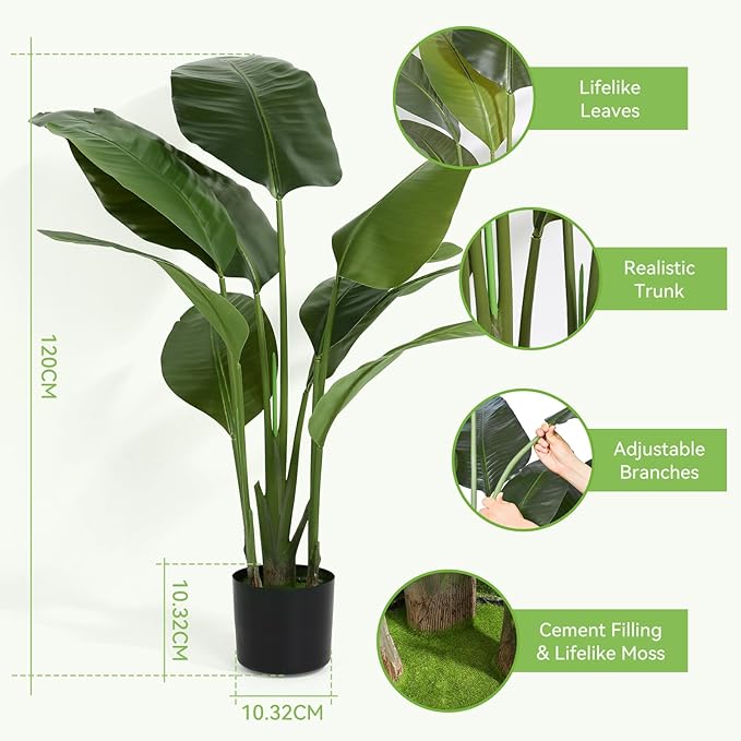 Artificial Bird of Paradise Plant Fake Tropical Palm Tree for Indoor Outdoor, Perfect Faux Plants for Home Garden Office Store Decoration (H 120cm)