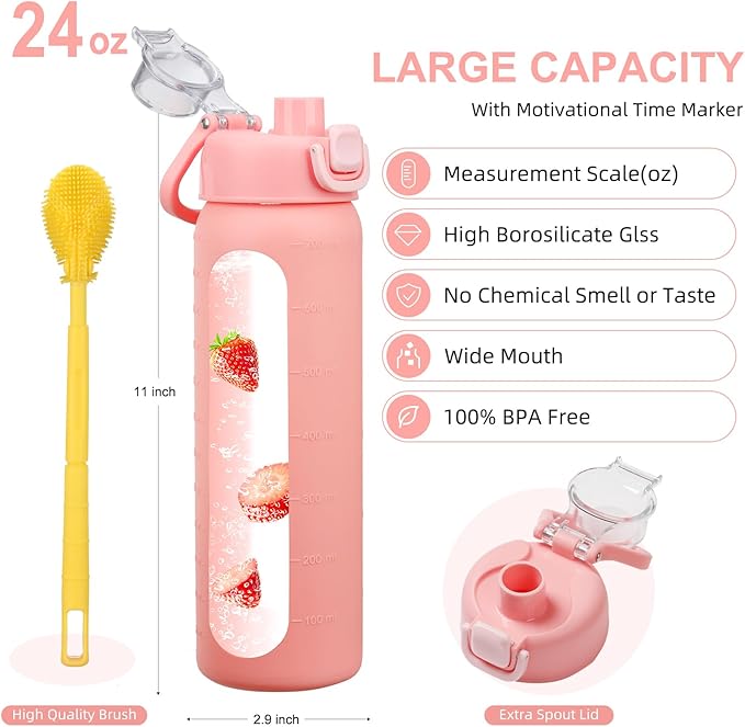 24 oz Glass Water Bottles with 2 Lids-Handle Spout Lid & Straw Lid, Motivational Water Bottle with Time Marker and Silicone Sleeve,Leakproof-Pink-1 Pack