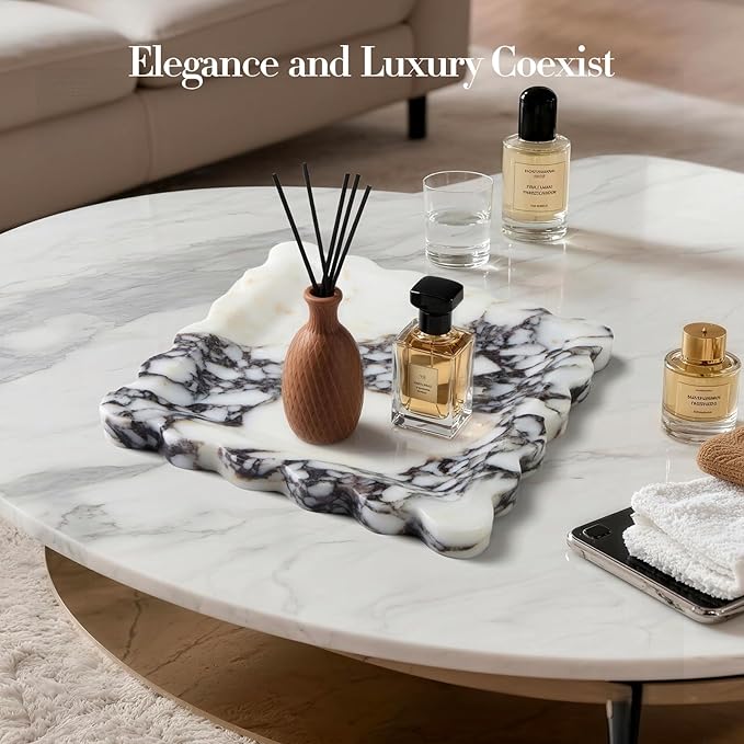 Calacatta Viola Natural Marble Tray, Scalloped Storage Dish, Luxury Decorative Trays for Bathroom, Vanity, Dresser, Kitchen & Home Decor, House Warming Gifts New Home (Square,8 Inch)