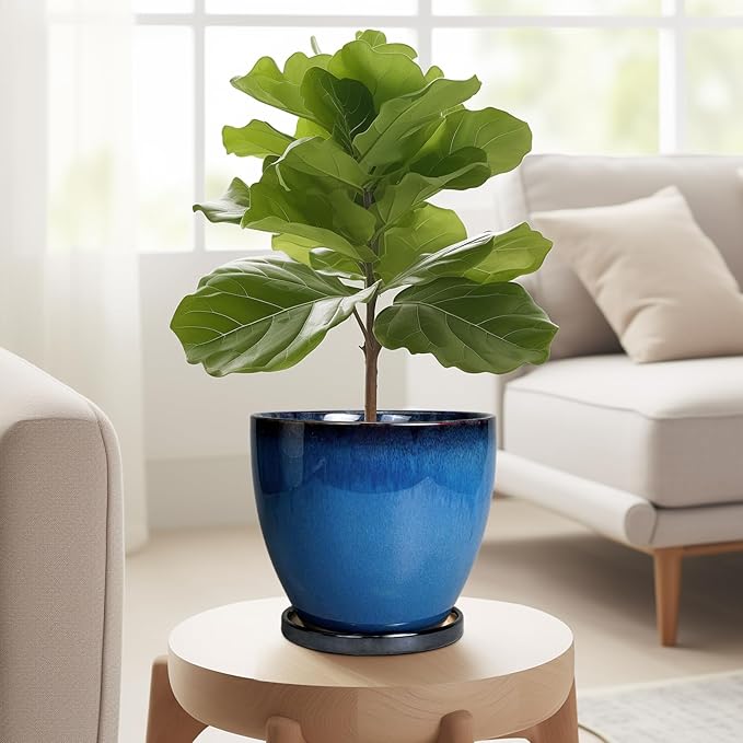 Ceramic Planters for Indoor Plants - 6.8 Inch Plant Pot with Drainage Hole and Saucer Round Modern Planter Home Garden Patio Decor Blue