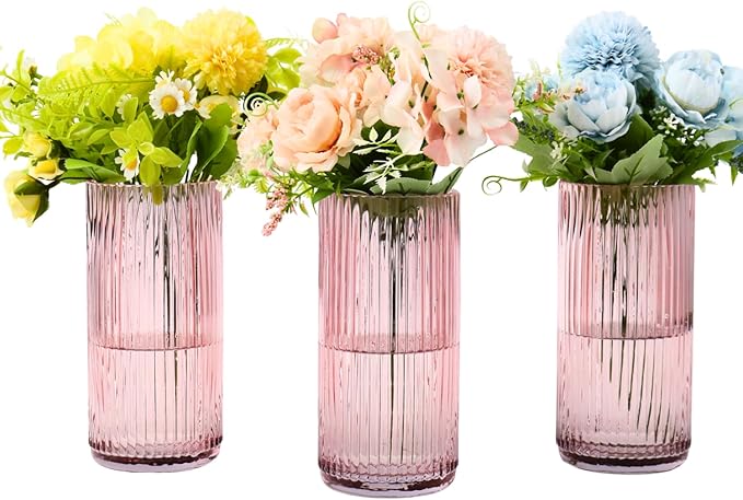 Pink Glass Vases, Flower Vases Set of 3, Ribbed Glass Vase for Tulips, Tall Cylinder Glass Vases for Living Room, Bedroom, Dining Table, Office, Wedding, Bookshelf Decoration, 8 Inches