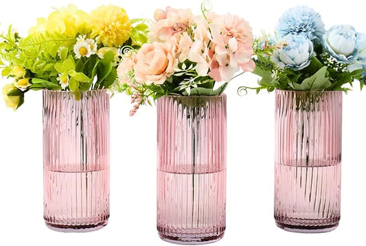 Pink Glass Vases, Flower Vases Set of 3, Ribbed Glass Vase for Tulips, Tall Cylinder Glass Vases for Living Room, Bedroom, Dining Table, Office, Wedding, Bookshelf Decoration, 8 Inches