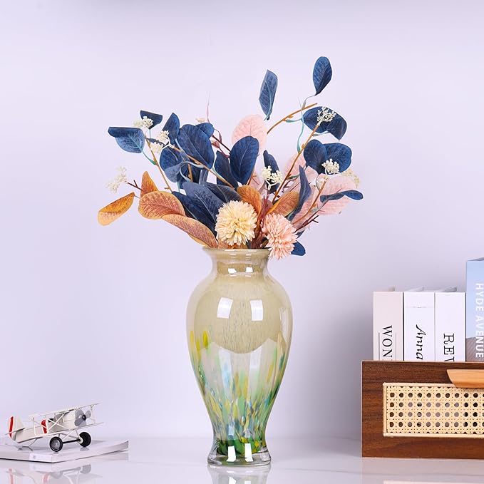 Hand Blown Glass Vase 11.8" Tall Beautiful Green Sea Wide Mouth Bud Vase for Table Centerpiece, Painted Colorful Murano Glass Flower Vases for - Home Entrance Wedding Center