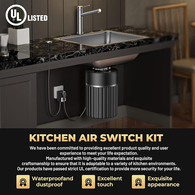 Garbage Disposal Air Switch Kit - Professional, UL Listed Wireless Sink Top Garbage Disposal Button, Stainless Steel/Black On/Off, Compatible with all garbage disposals