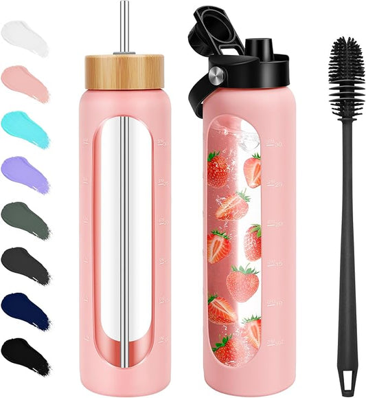 32 oz Glass Water Bottles - 1 Liter Motivational Tumbler Water Bottle Time Marker - Borosilicate Glass Water Bottle With Silicone Sleeve and 2 Lids, Handle Spout & Bamboo Straw Lid