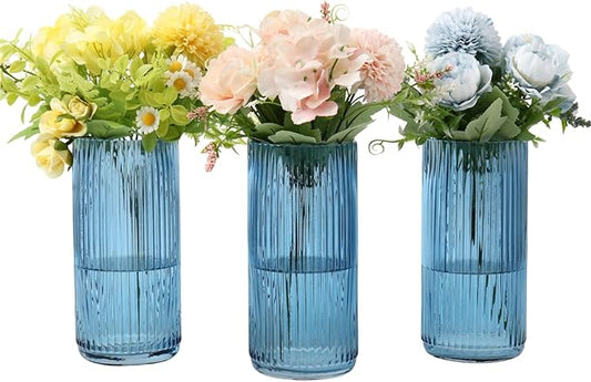 Blue Glass Vases, Flower Vases Set of 3, Ribbed Glass Vase for Tulips, Tall Cylinder Glass Vases for Living Room, Bedroom, Dining Table, Office, Wedding, Bookshelf Decoration, 8 Inches