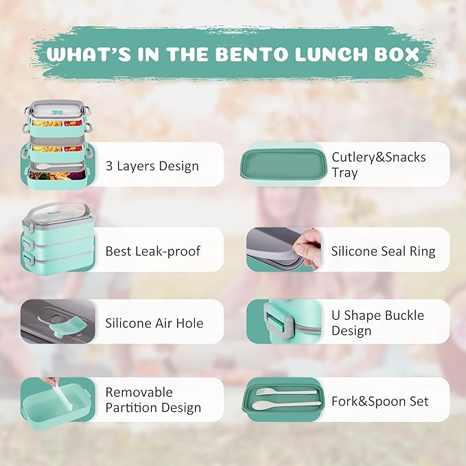 Bento Lunch Box for Kids Women Men, 47oz 2-Compartment Salad Metal Food Prep Pack Container for Lunch, Stainless Steel 3 Layers Stackable Lunch Containers with Lids for Adults and Teens Light Green