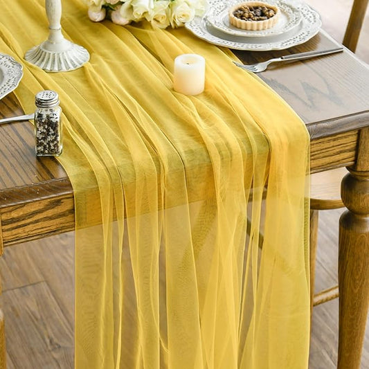 Artoid Mode Yellow Gauze Table Runner 120 Inch 10FT, Seasonal Sheer Kitchen Dining Holiday Wedding Birthday Baby Shower Table Decor for Home Party