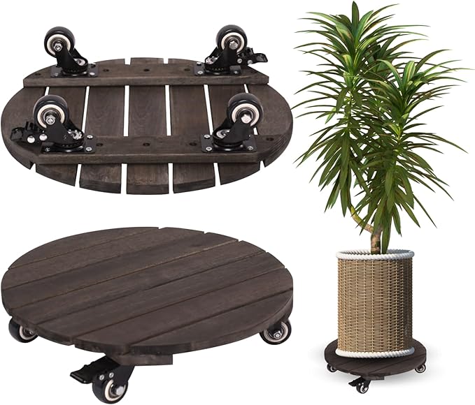 2PCs 14 INCH Wood Plant Caddy with Wheels, Rolling Plant Stand Heavy Duty, 250lbs Capacity Plant Dolly, Plant Stand with 360° Lockable Wheels for Plant Pots, Round Walnut
