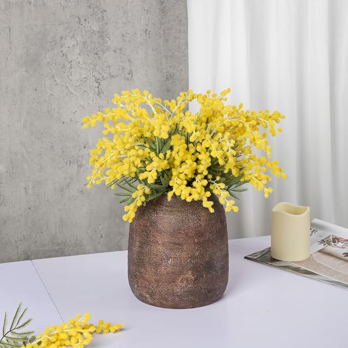 Briful Rustic Ceramic Vase 7” Tall – Handcrafted Vintage Pottery Flower Vase with Distressed White-Wash Finish – Farmhouse Decorative Accent for Table, Shelf, Mantel (Not Watertight), Brown