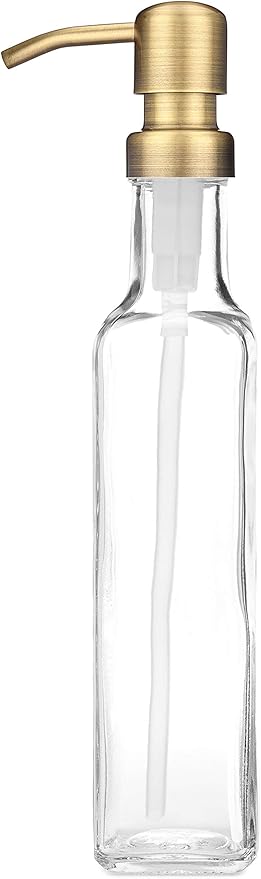 Rail19 French Vessel Glass Soap Dispenser with Metal Pump - Refillable Hand Soap, Lotion & Sanitizer for Sinks and Small Countertops, 8.5oz (Farmhouse Brass)