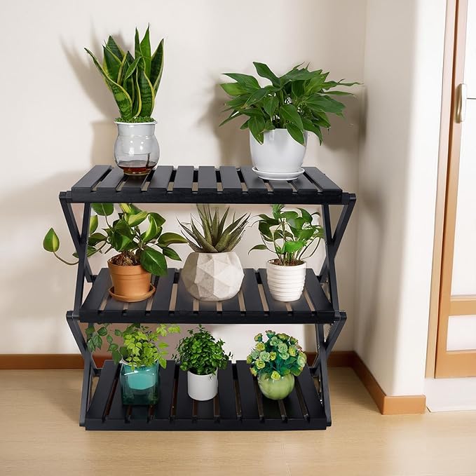 BEEFURNI Acacia Stand Indoor, Wooden Outdoor Plant Stand, Foldable Corner, 3 Tier Plant Stand, Easy Assembly, Plant Bench Patio Balcony Sunroom Decor, Christmas Gift, 1-year Warranty