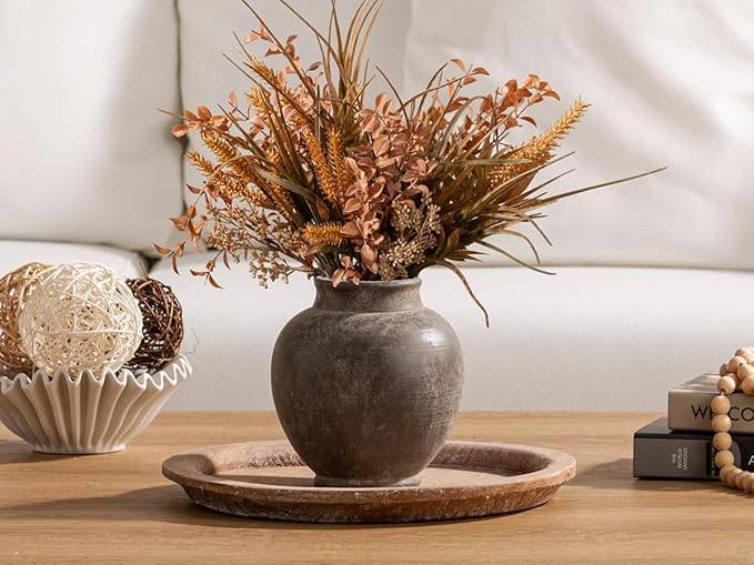 Ceramic Flower Vase, 6.7 Inch Rustic Farmhouse Decorative Vase Pottery Pampas Grass Vases for Home Decor Table Living Room Entryway Mantel Bookshelf Bedroom Bathroom Kitchen - Brown