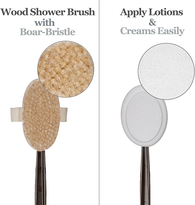 EASACE Long Handle Bath Body Brush & Lotion Applicator for Back Scrubber, Shower Brush with Soft Bristles for Wet or Dry