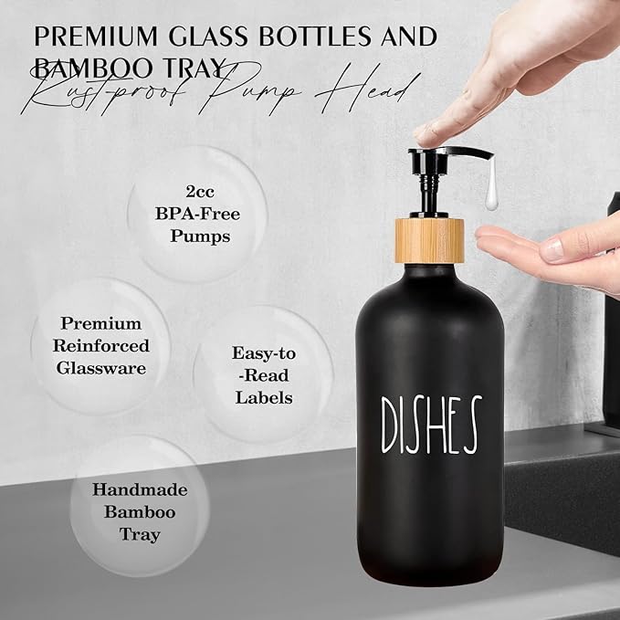 Arktek Glass Soap Dispenser Set with Tray, 2 Pack Hand and Dish Soap Dispenser Set for Bathroom and Kitchen Bottle Dispenser with Dish Soap, Hand Soap, Lotion 17 Oz (2 Black)