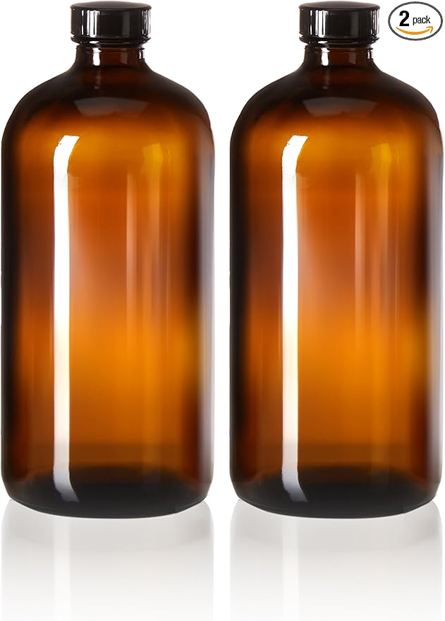 kitchentoolz 32oz Amber Glass Bottles with Airtight Polycone Lids - 2 Pack for Kombucha Brewing, Beer Bottling, Juices, Tinctures, and More